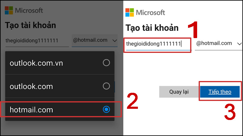 Nhập tên tài khoản vào ô Email mới